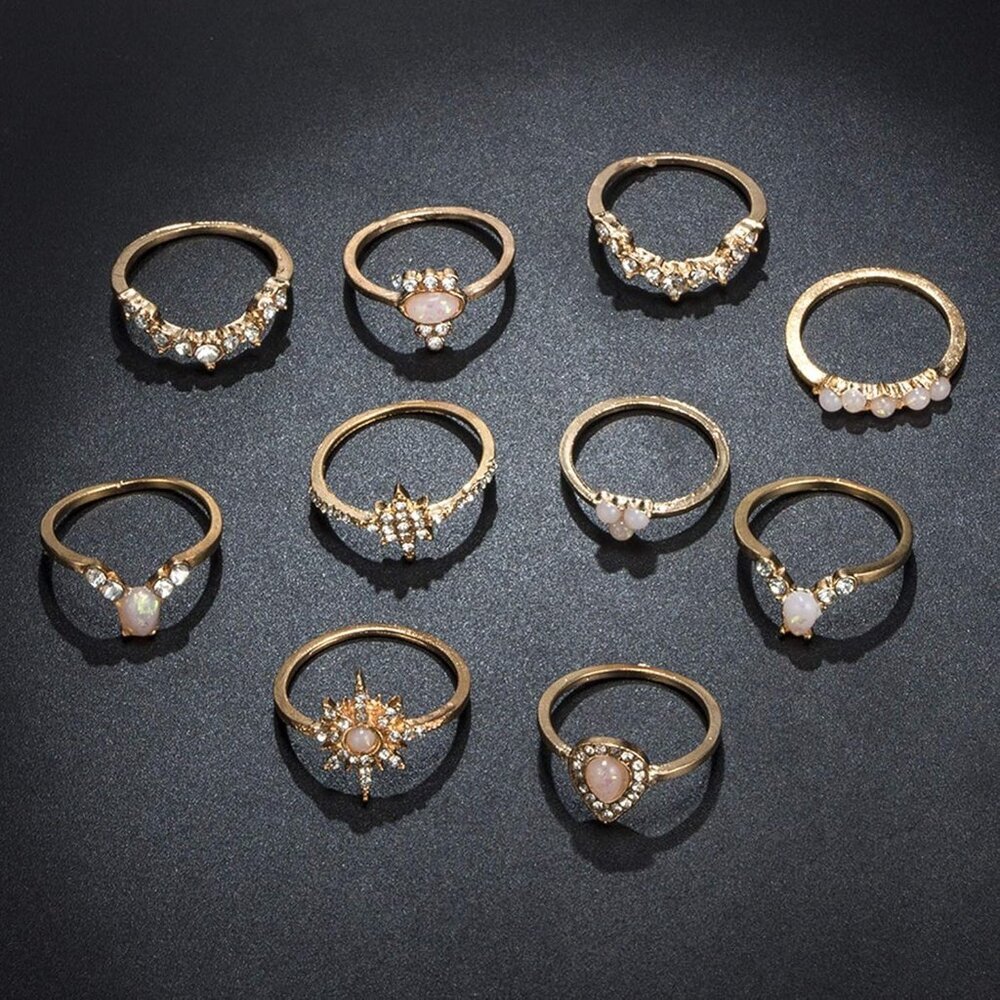 9-15PCS Knuckle Stacking Rings Set for Women Crystal Rhinestone Finger Statement - Picture 5 of 7